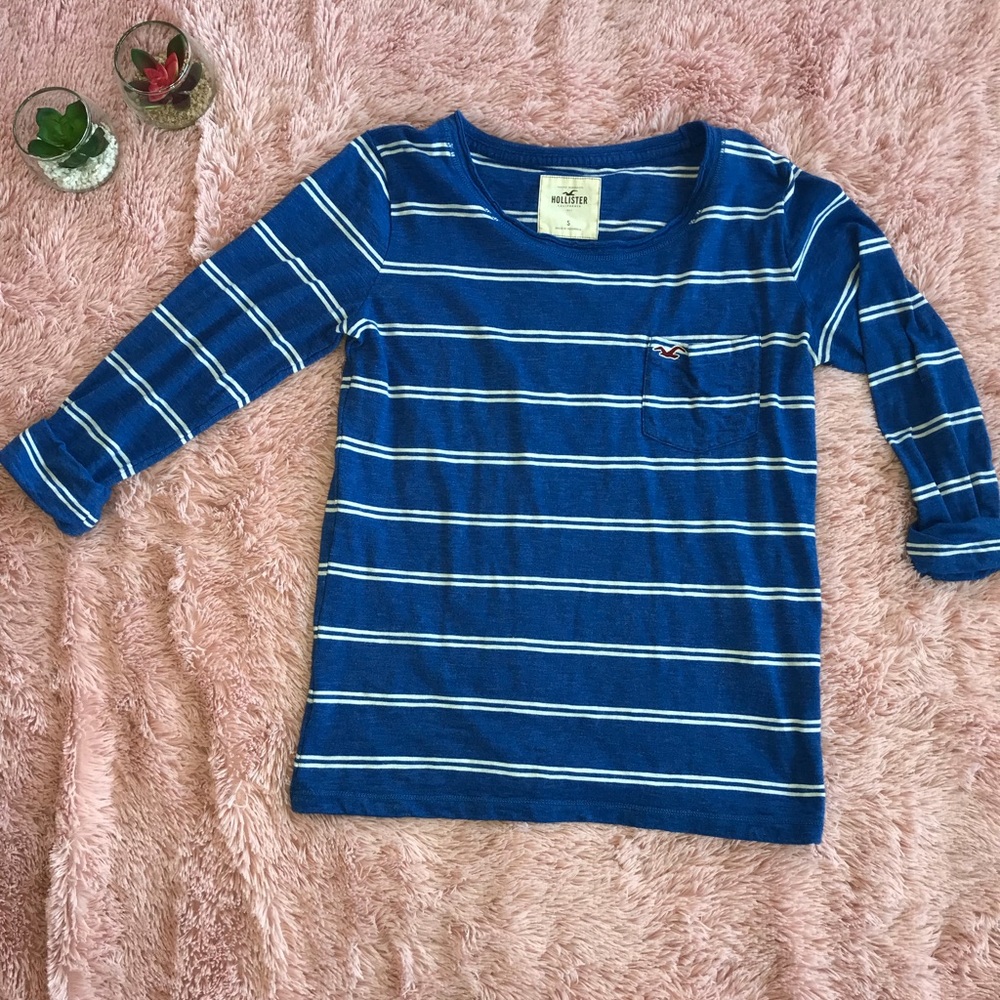 blue and white 3/4 length hollister shirt